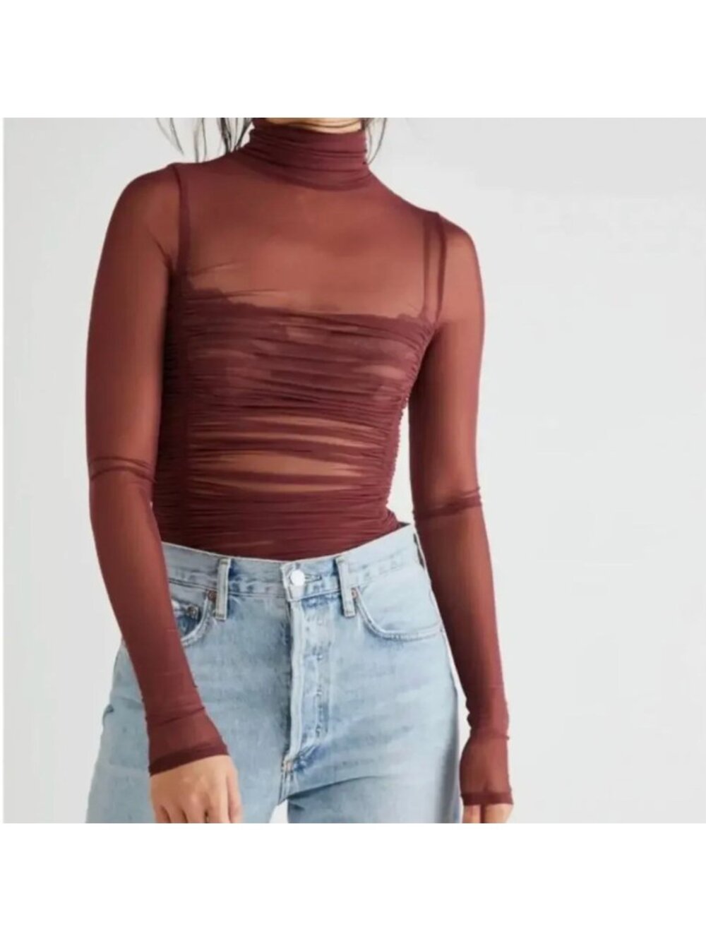 Free People Intimately Under It All Sheer Mesh Ruched Brown Bodysuit Top S